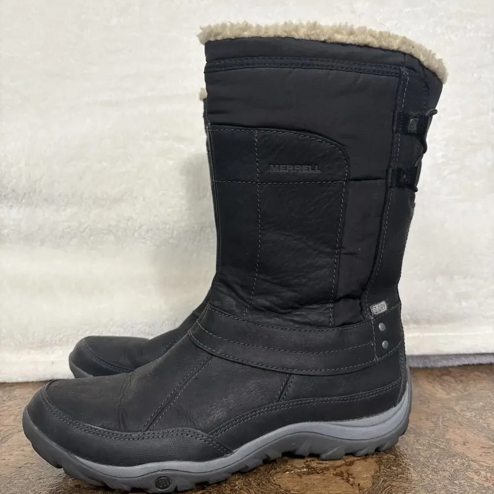 Merrell Womens Black Insulated Winter Boots US 10 Waterproof Faux Fur MId-calf